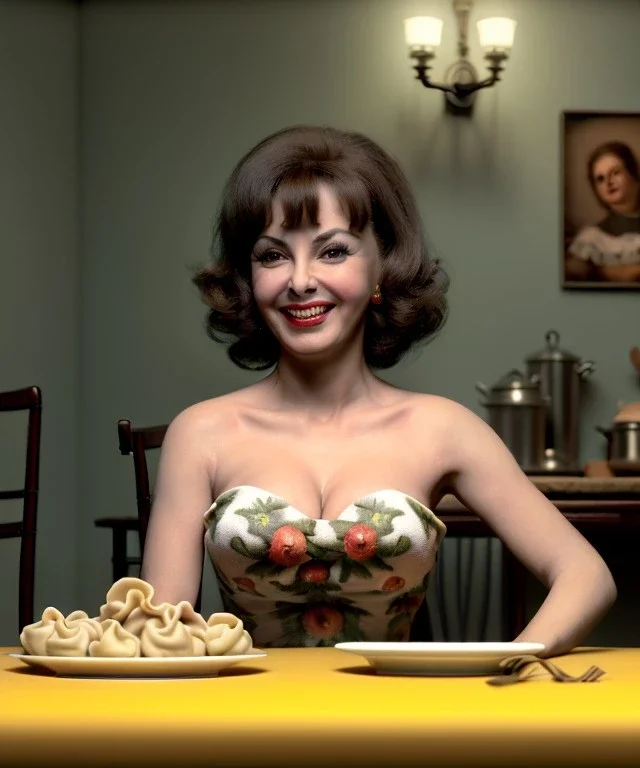 Ultra realistic photographic portrait, happy young Gina Lollobrigida woman sitting with arms resting on Italian kitchen table, pretty tortellini dish, retro dress by 1960, classic style decoration, cold, soft color, highly detailed, unreal engine 5, ray tracing, RTX, lumen lighting, ultra detail, volumetric lighting, high definition.