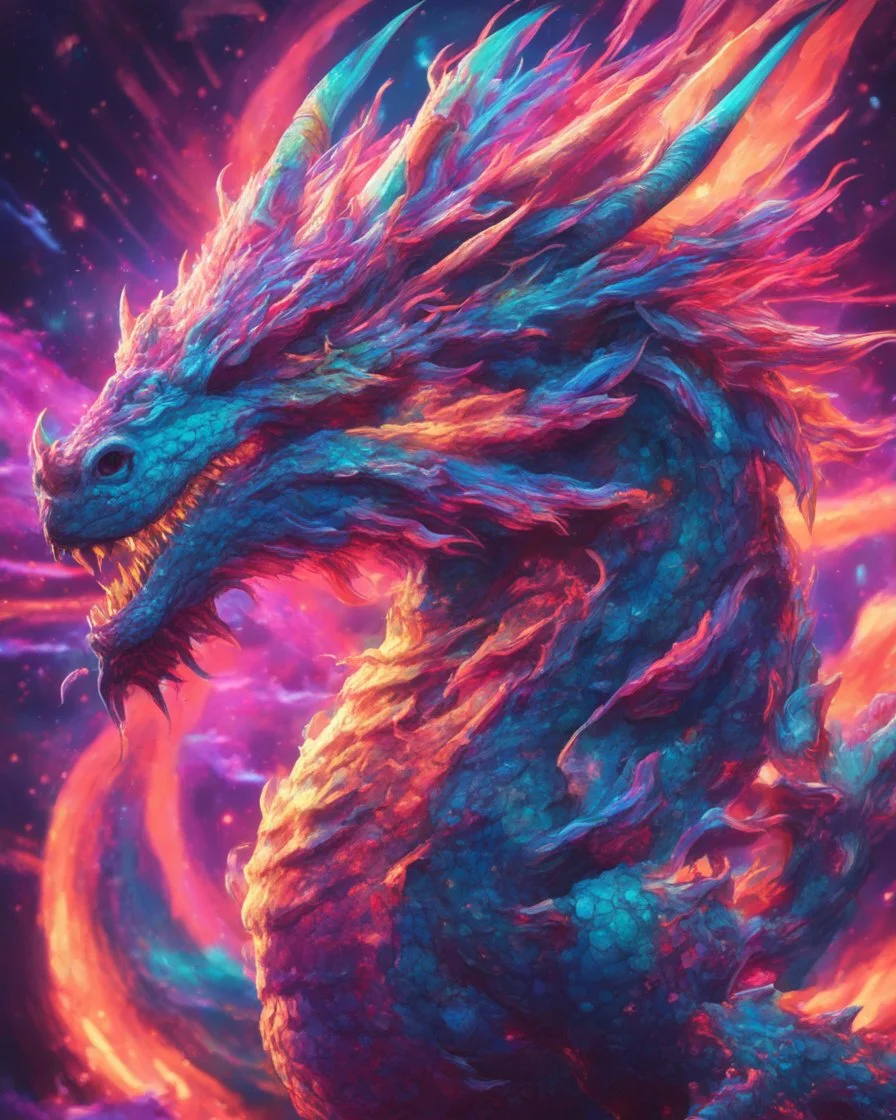 Close up shot, Dragon in a vibrant synthwave dreamscape, neon chaos swirling energetically around pixelated forms, a dynamic fusion of retro gaming nostalgia and futuristic abstraction