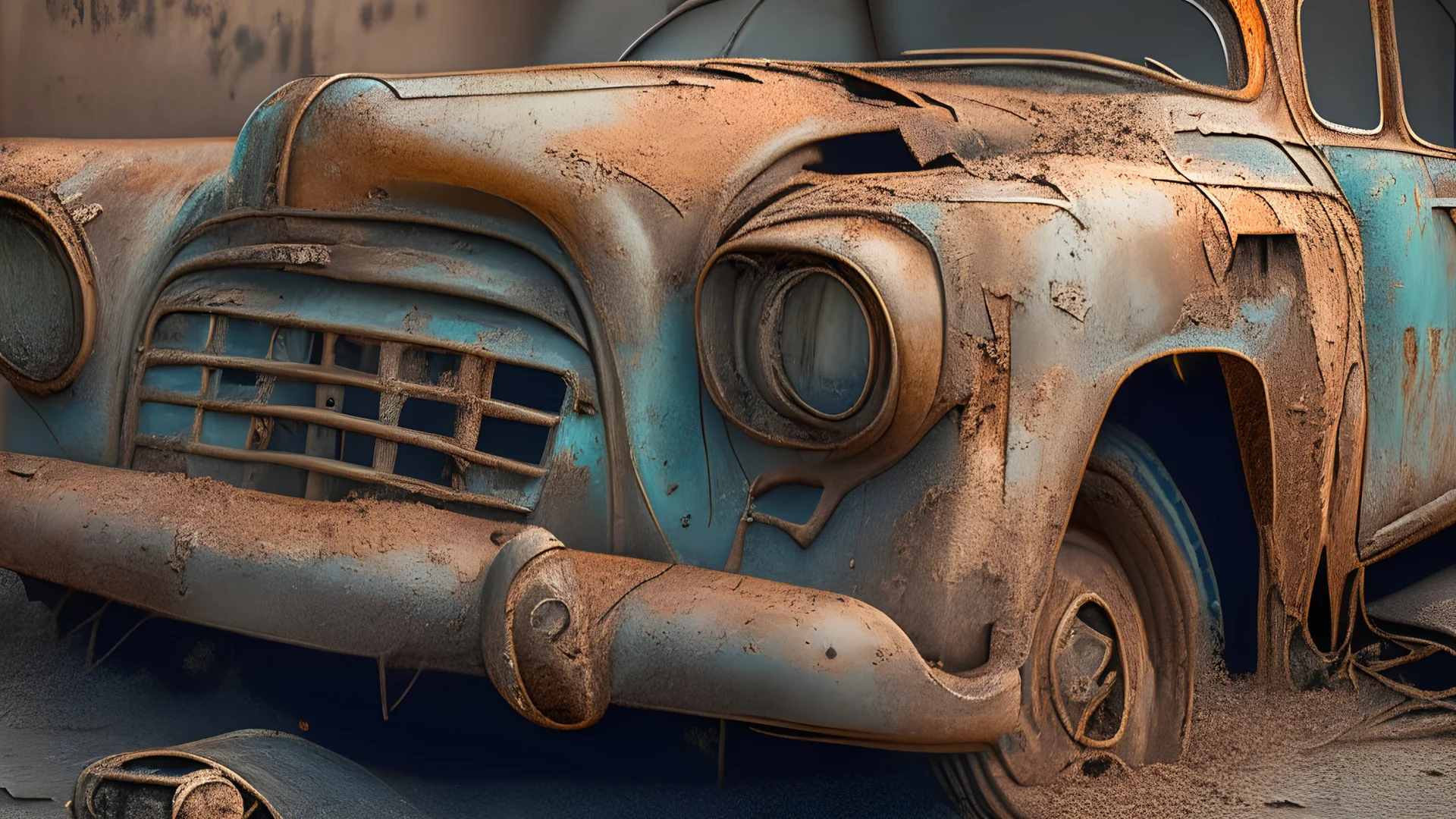 A photorealistic image of a rusted vintage car, with a focus on the intricate details of its faded paint job, the wear and tear on the tires, and the aged textures of the metal body. Use the multi-prompt "car::photorealistic::rust" with a prompt weighting of "rust" to emphasize the aged textures and worn out look of the car. --ar 7:4