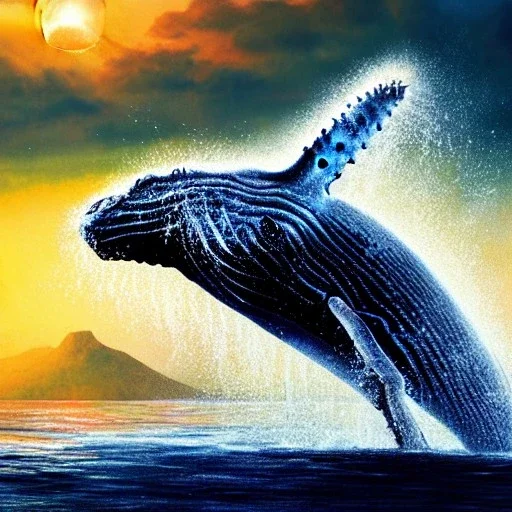 beautiful humpback whale jumping out of turbulent ocean water, stunning, magnificant, sunset sky, 8k resolution, high-quality, fine-detail, detailed matte, photography, illustration, digital art, brian froud, howard lyon, greg rutowski, Life of Pi