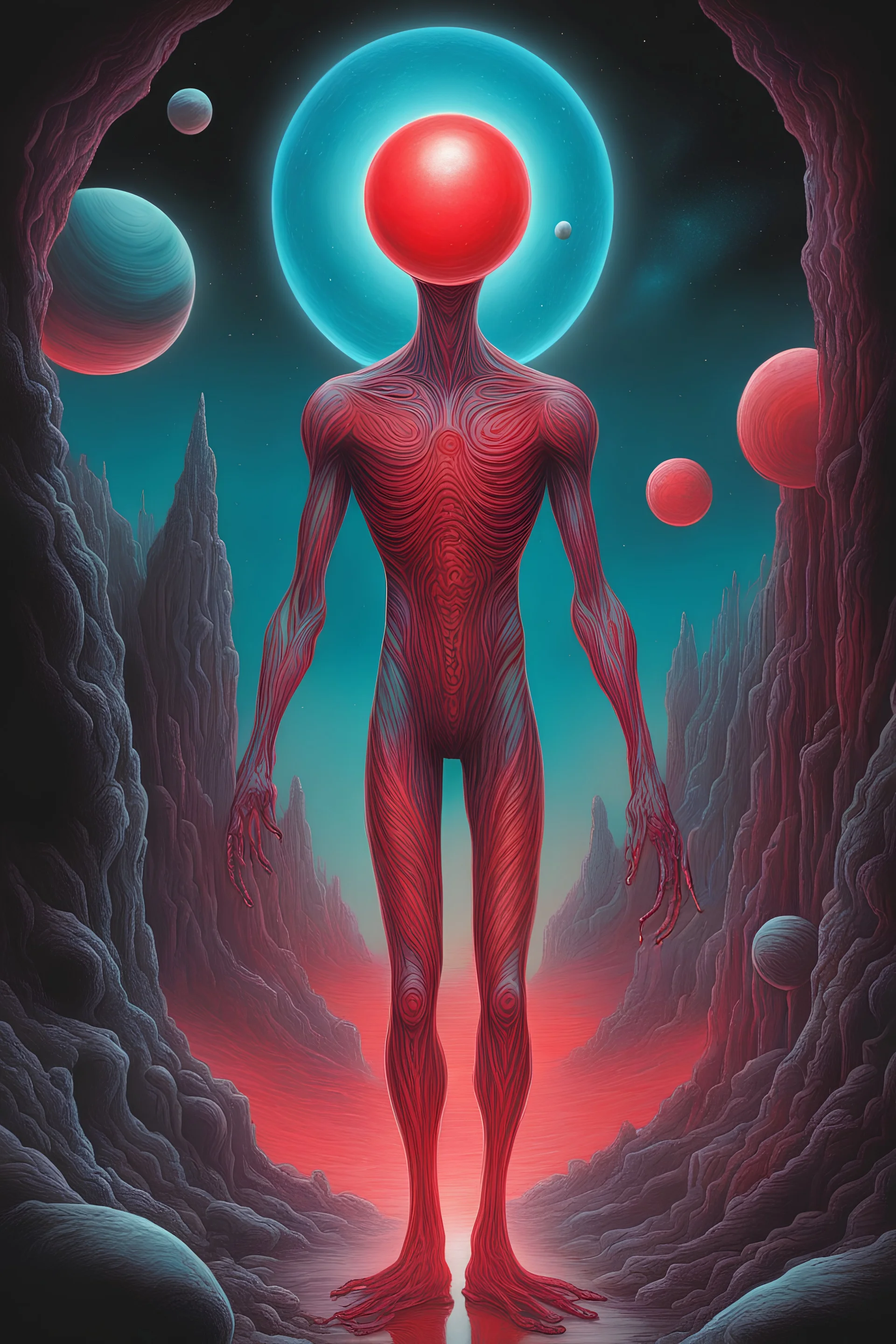 Intergalactic alien that is a shape shifter - a tall, reality bending figure with bright red skin and neon veins, 90s airbrush style, chrome color palette , super detailed, scifi, dark fantasy, balancing an iridescent orbs and planets in cosmic sky, fantastical caves in the background, vintage illustration, surreal figurative art, 1970s style drawing, dark psychedelic atmosphere , Danny Flynn style