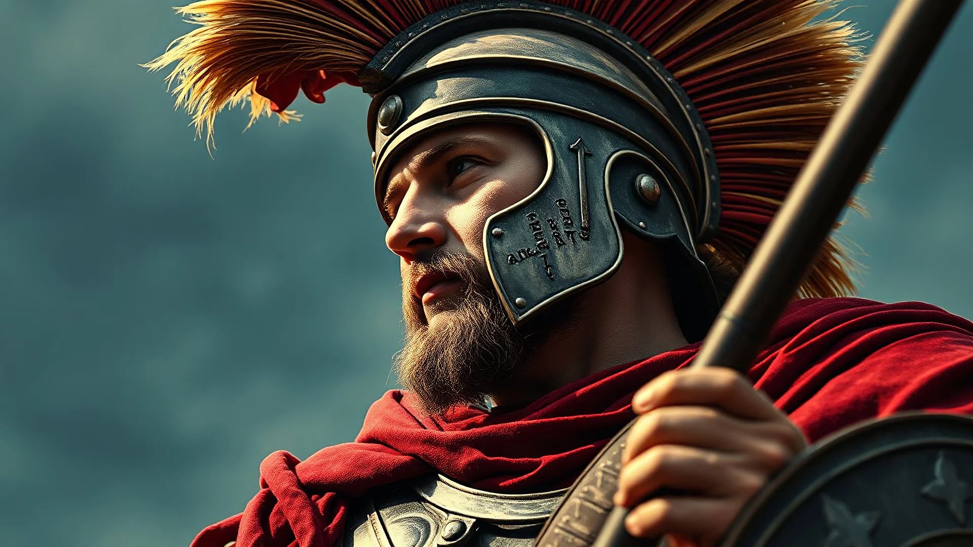 A movie poster of a Roman soldier low to up camera shots in the style of oil painting