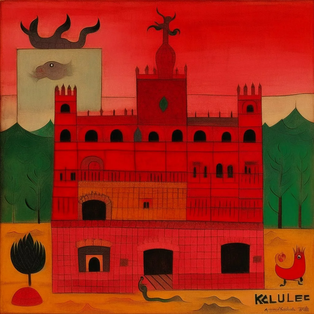 A dark reddish magenta Eastern palace with a fiery dragon painted by Paul Klee