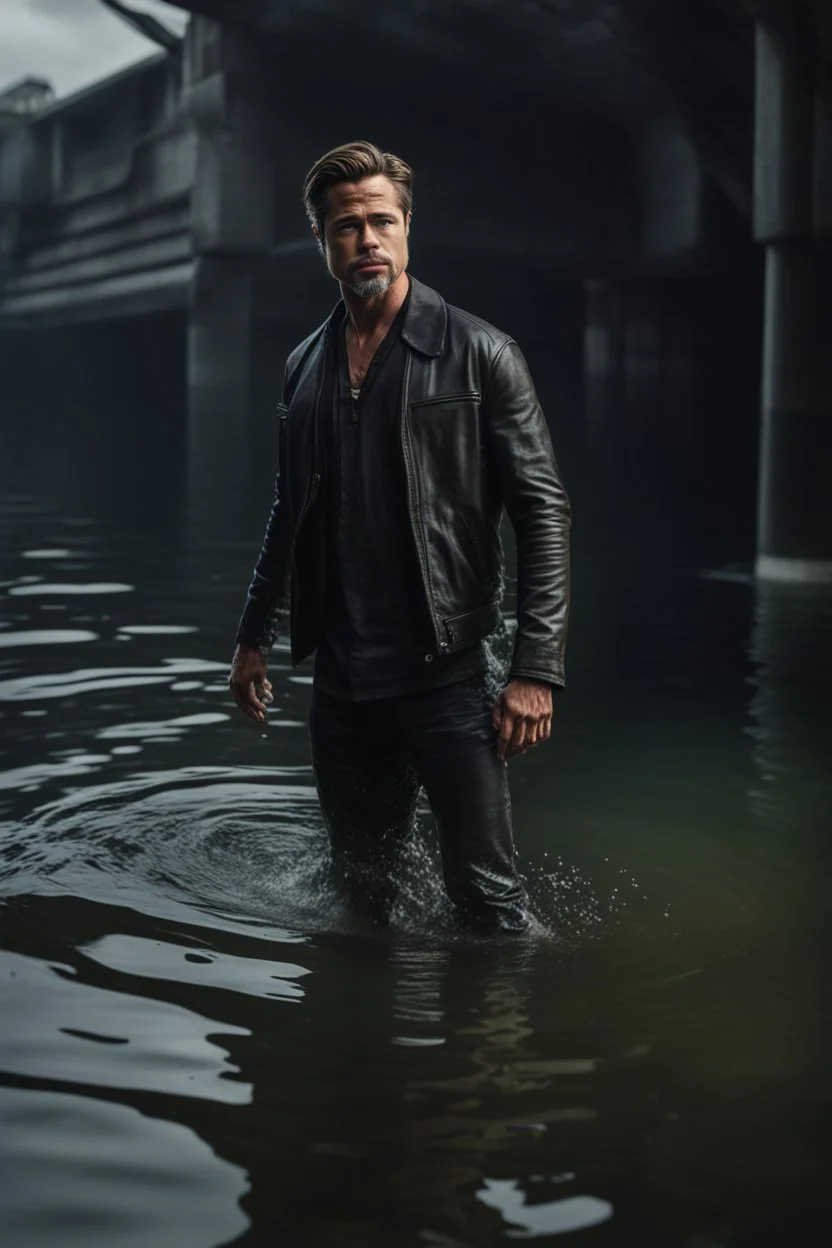 "Ultra realistic full body shot a brad pitt in water concept, looking at the camera,full legs, cyberpunk, neo-figurative,concept ,full length view, face , full size, science, technology,future,electric ,futuristic style, design, practicality,manufacturability,performance, HOF, professional photographer, captured with professional DSLR camera, trending on Artstation, 64k, full size, ultra detailed, ultra accurate detailed, bokeh lighting, surrealism, background, detailed
