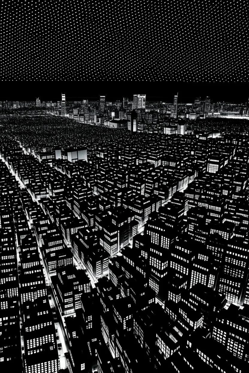 looking down on tokyo at night black and white in the style of hiroku ogai lookin at rooftops rfrom above