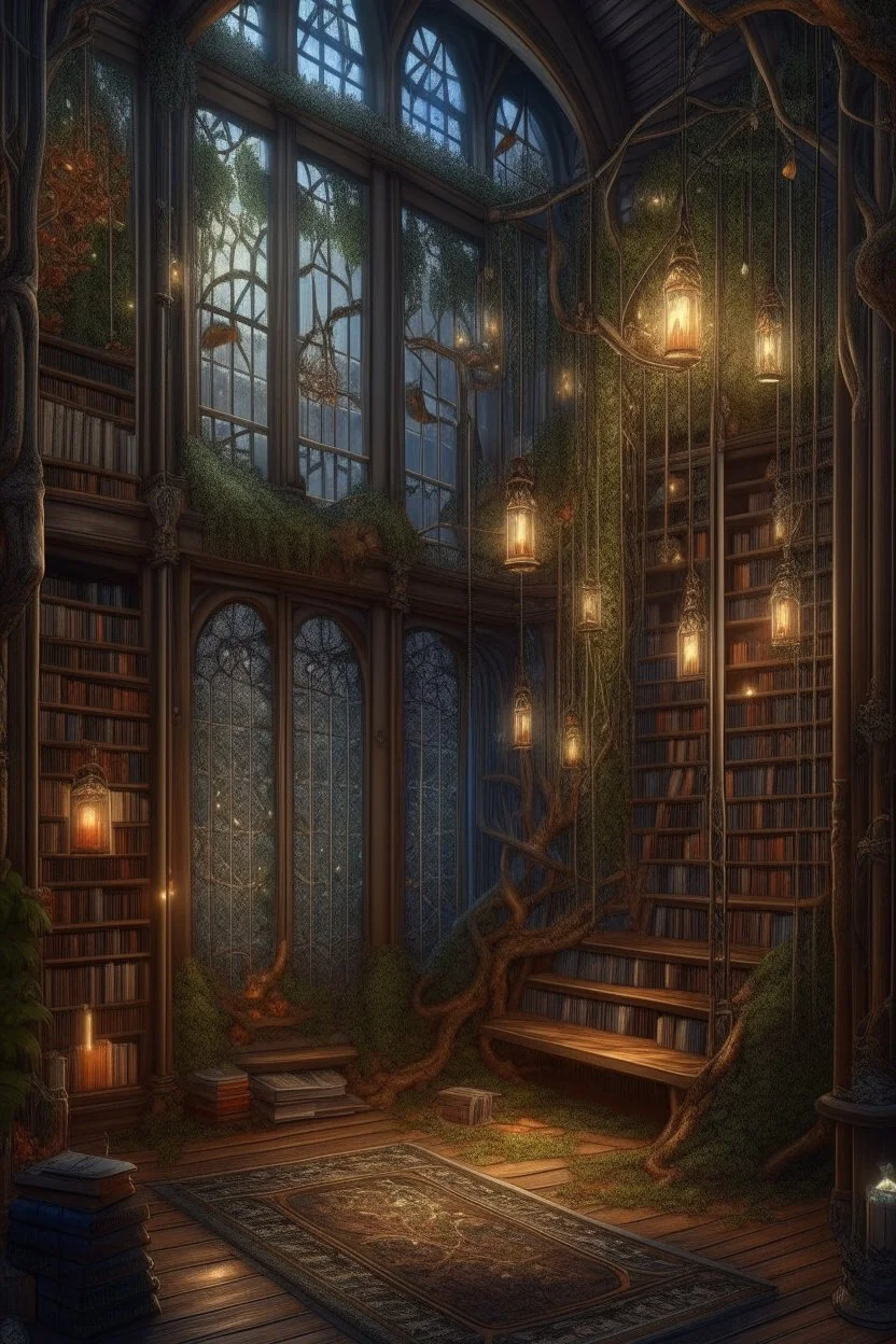 Forest library, autumn, many books,nature,natural lines, lamp garlands, twilight,dark,botanical maximalism boho style, hyperrealism, hyperdetalization, high quality, 32k, dark botanical, bionics, bionic elements,grunge, magic, fantasy, many complex details, filigree, clarity, sharpness, 8d painting, concept art, 35 mm, contrast