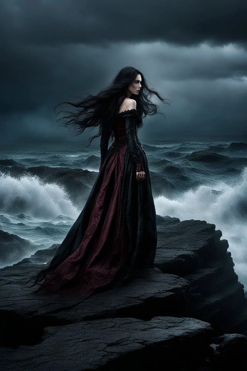 A somber woman, dressed in gothic attire, in deep, dark colors standing alone on a massive, jagged rock jutting out into the ocean. stormy sky , her long black hair whips around her face, streaked with raindrops as they tumble from the heavens. Despite the cold and dampness of the air, she remains stoically still, as if the rock were her only anchor in this tempestuous world. dramatic, epic mood,, intricate detail, creepy stunning