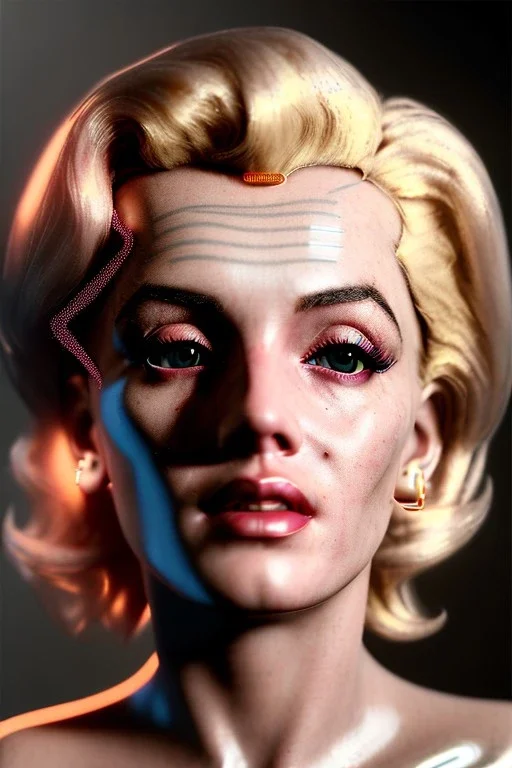 Ultra Realistic image, portrait, blonde woman, sweet Marylin Monroe face, perfect iris, glow eyes, gold makeup, wires attached to head. Cyberpunk style, latex coat, fog, rain, soft color, highly detailed, unreal engine 5, ray tracing, RTX, lumen lighting, ultra detail, volumetric lighting, 3d, finely drawn, high definition, high resolution.