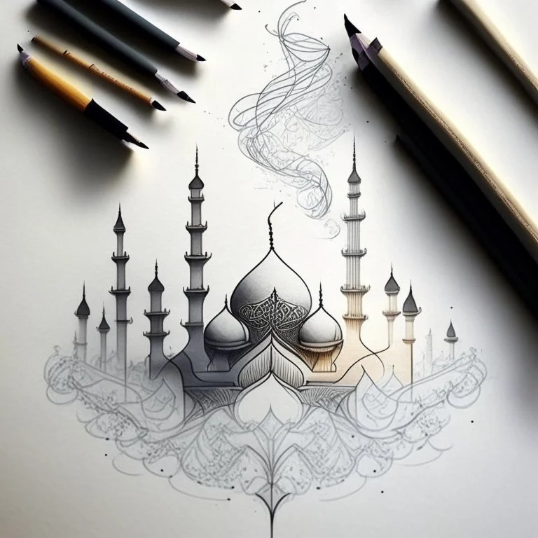 Create a detailed pencil sketch featuring smoke tendrils intertwining with abstract shapes inspired by Islamic architecture, forming an asymmetrical mosque-like structure that harmoniously fills the entire canvas.