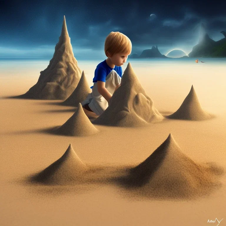 spirit of lonely child playing by himself with a castle of sand at the beach near the fossil of a starsea