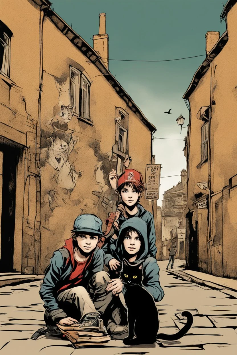 Three teenage street children two boys and one punk girl in book-cover poses on the screen of an old town plus a black cat as a companion, dark graphic style, Banksy style, Gaiman style