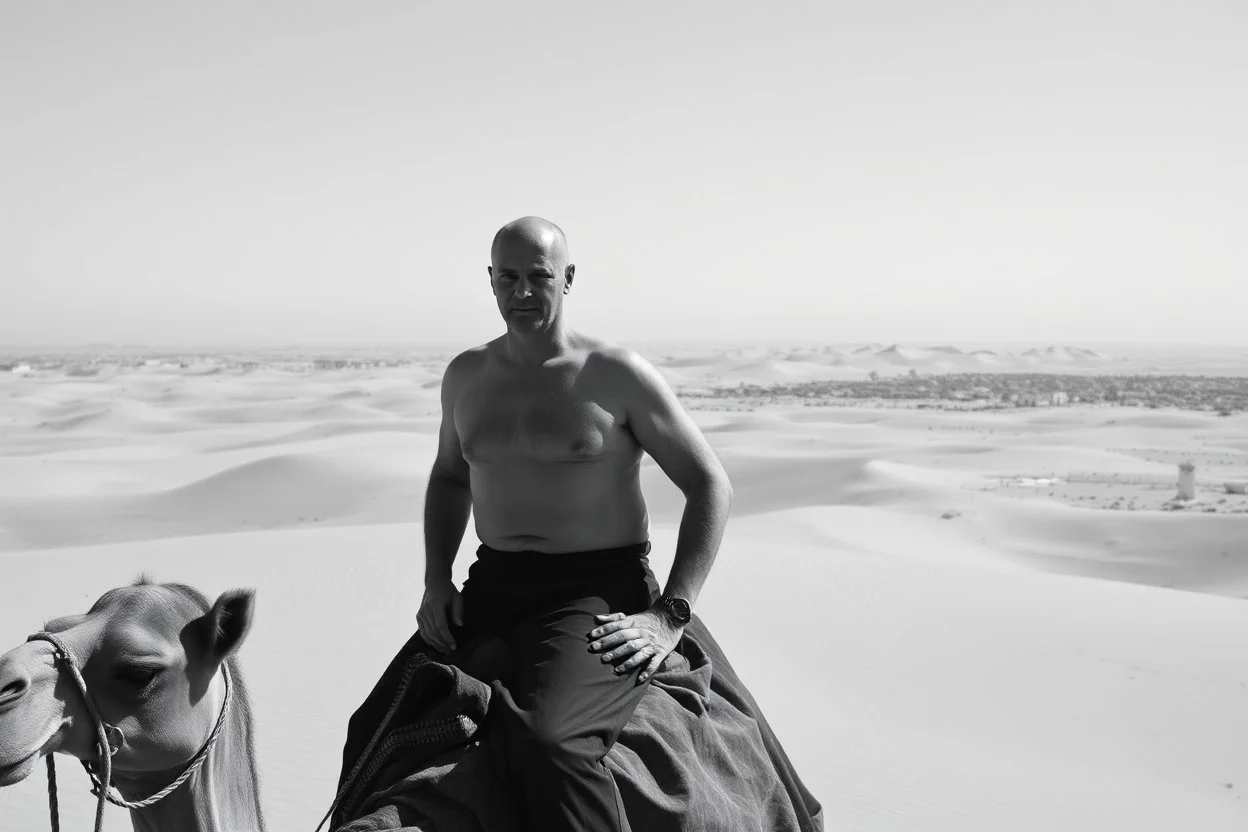 man looking like Walter White in breaking bad, bald, with bare chest riding on a camel in sahara in desert, panorama, black and white photo, staring at a small town in horizon