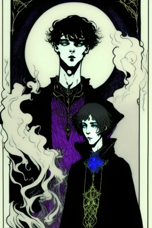 17 year old boy, necromancer, friendly, looks dead, surrounded by weird smoke with eyes, wearing black robes, in the style of Harry Clarke