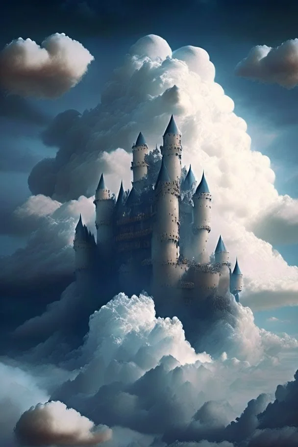 Enormous castle completely made up of clouds in the sky, ominously looming above.