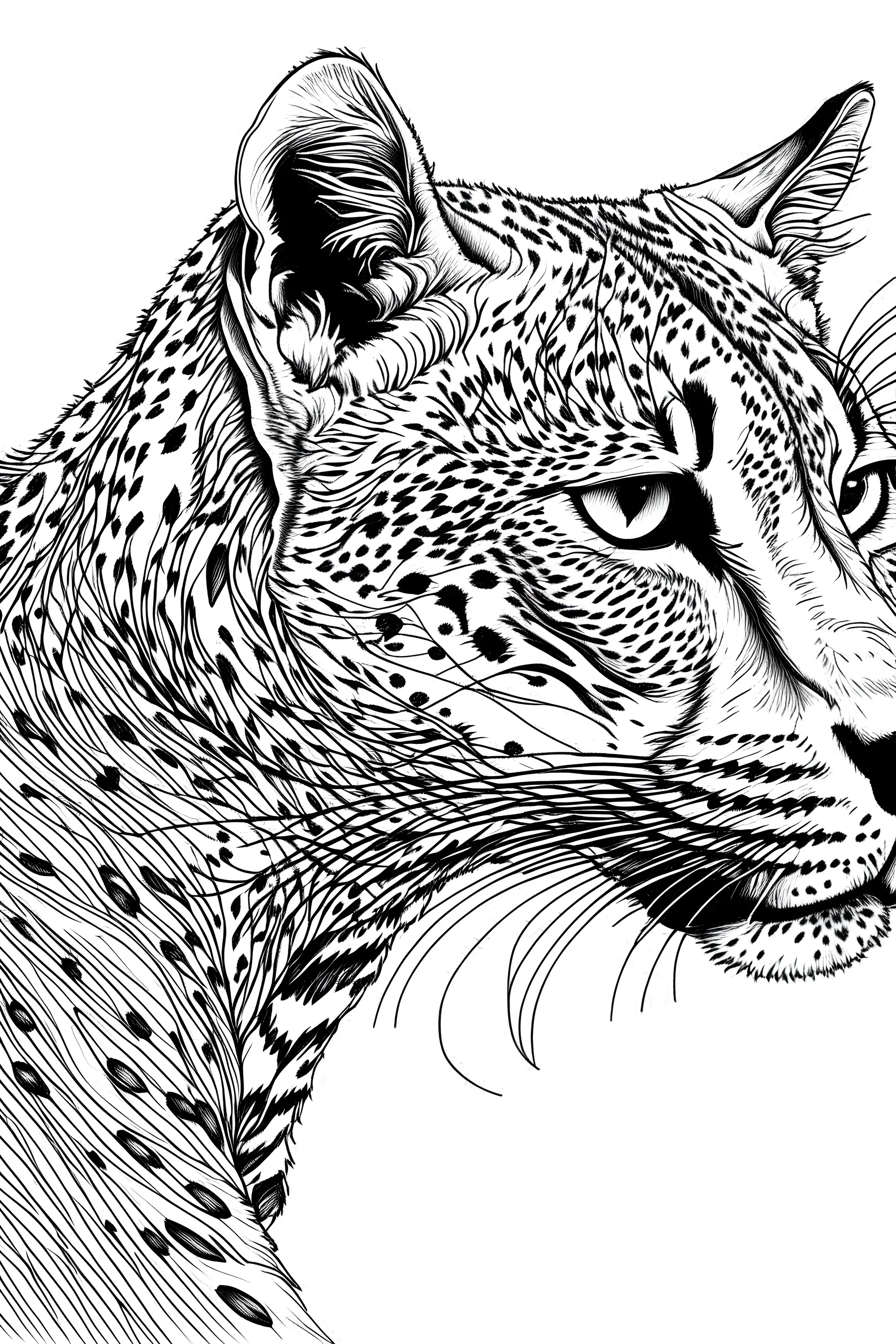 cheetah , coloring book, 2D, hand drawing, white background, clear black lines