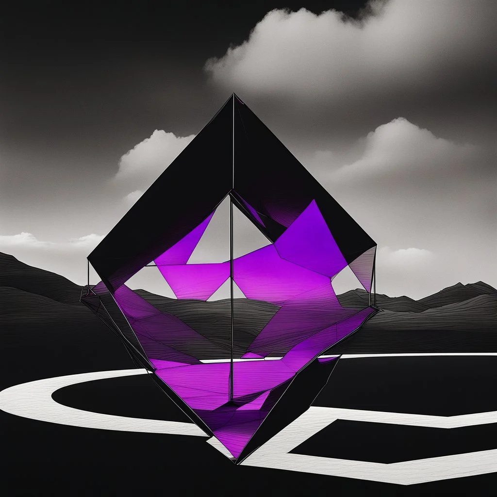 a large dark black ominous rhombus shaped structure with a neon purple outline floating high above a desolate monochrome landscape