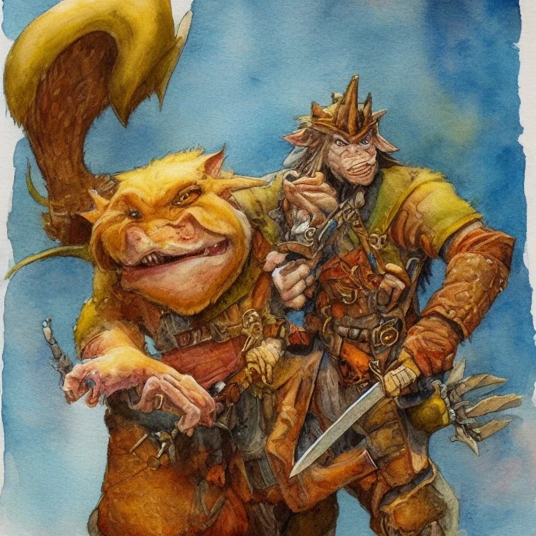 dungeons and dragons, fantasy, goblin, king, ochre skin, watercolour, blue nose