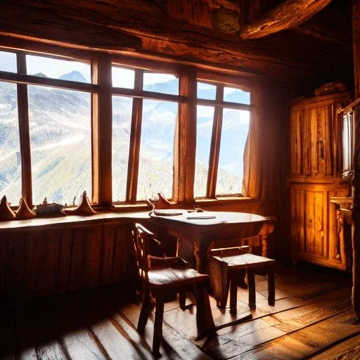 Mountain hut interior, five poeple eating, Austrian aesthetic, oil lamp, wooden floor, night time, 8k, HD, cinematography, photorealistic, Cinematic, Color Grading, Ultra-Wide Angle, Depth of Field, hyper-detailed, beautifully color-coded, insane details, intricate details, beautifully color graded, Cinematic, Color Grading, Editorial Photography, Depth of Field, DOF, White Balance, 32k, Super-Resolution, Megapixel, ProPhoto RGB, VR