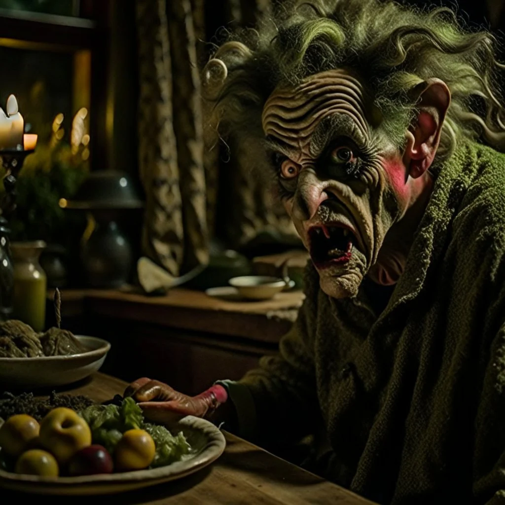 Strong texture, photorealism, Caravaggio, Arcimboldo, Egon Schiele. Intricate patterns, hypermaximalist. Photo made of inside house, an eerily mysterious, hidden and odd person is eating, a witchy house, sober style, pastel colors. Movie shot, spooky. Sinister scribbles, 33mm photography. Beasts