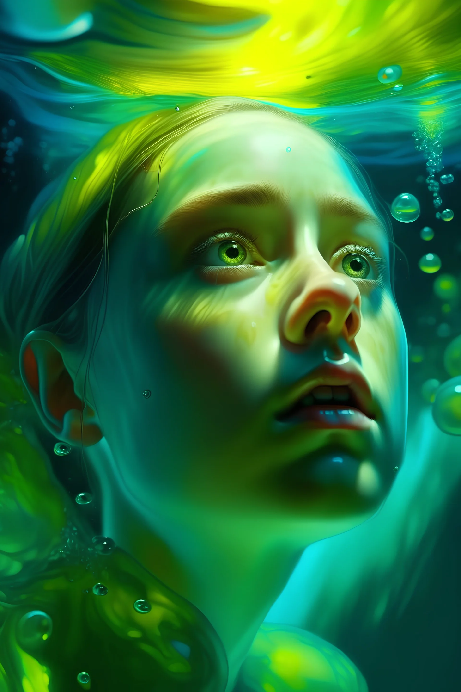 underwater, in a realistic hyper detailed render style, nervous expressions, glow, yellow, blue, brush, hyper- realistic oil, head close-up, exaggerated perspective, Tyndall effect, water drops, mother-of-pearl iridescence, Holographic white, green background, realistic