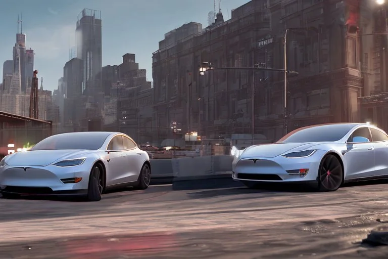 A Tesla 'Model Y' is racing at top speed, near the 'Pier 11' in Manhattan. (CINEMATIC, WIDE ANGLE LENS, PHOTO REAL)