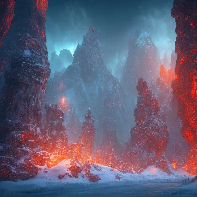 dynamic lighting, Intricately detailed, deep color, Unreal Engine, volumetric lighting, Hell landscape, Hell concept art, Hell fantasy artwork, Mountains, nightsky, winter trees, orange, red, nebulae,