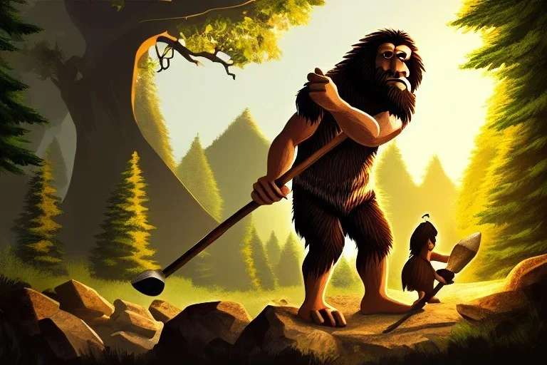 caveman holding a club, cave, cave bear, campfire, stone age, fine art, masterpiece, mellow, dawn, trending on artstation, fine detail,