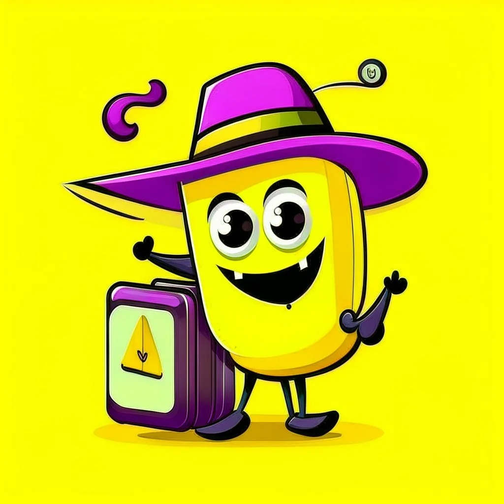 Social Media Design A yellow suitcase has eyes, a mouth, eyes, hands and legs, a cute smiley, wearing a black hat and carrying a passport. Comic shape. . A simple purple background. Give me the image with the best automated atmosphere. Sinai. Darmi.