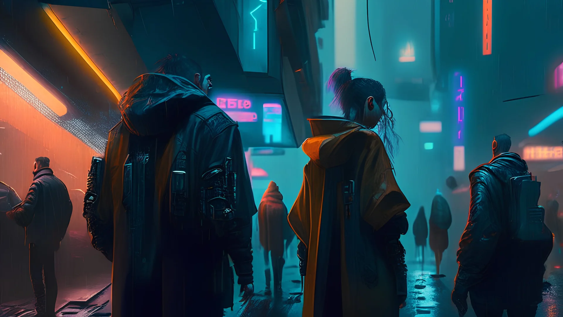 people in a cyberpunk cityscape, hyperrealistic, dynamic lighting