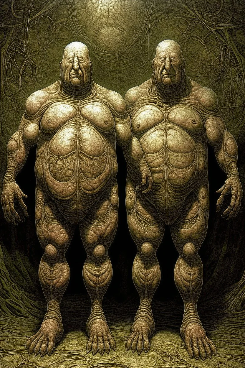 The full bodies of two fat old men , holding their hands together up , front view camera, decayed and rotting with grotesque proportions and imagery. surreal horror, biomechanical design, by hr giger and beksinski , fine lines draw