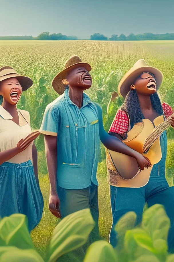 a diverse racial group of farmers singing in the farming field