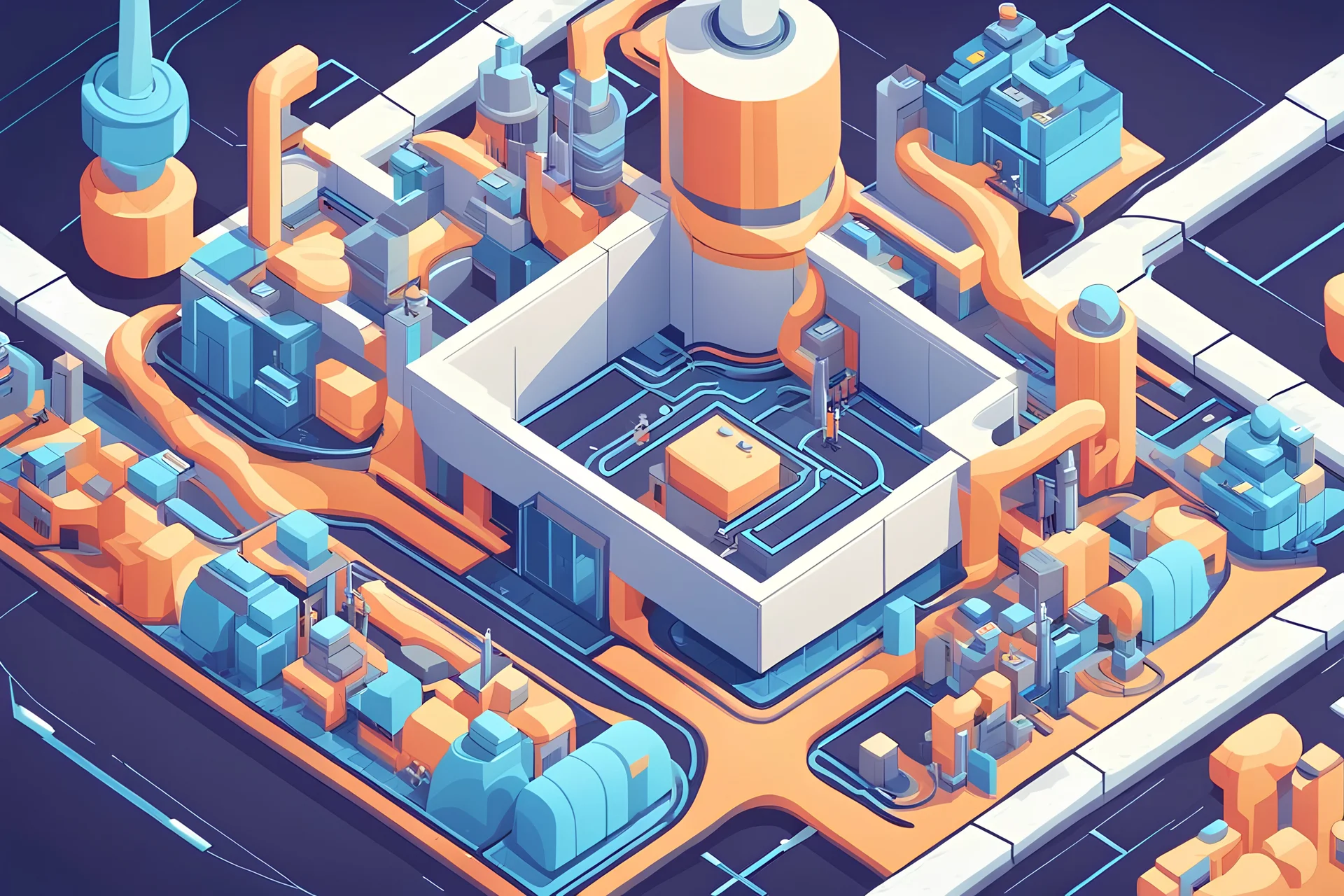 Abstract depiction of a futuristic factory, with connected elements like a computer chip. Make it colorful and stylised. Emphasis on complexity but make it clean and neat. Top down isometric view