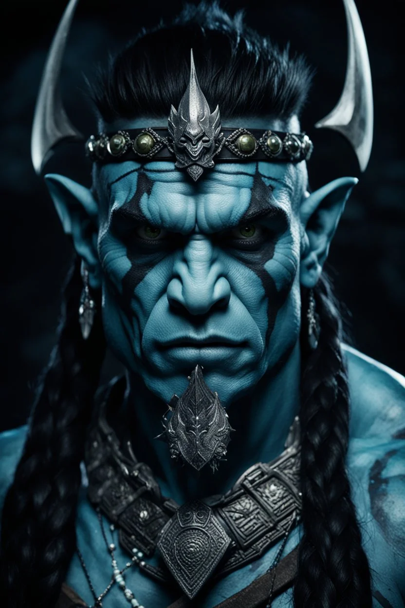 portrait of an orc king with pale blue skin. Tribal Tattoo. Dark braided hair and ice blue eyes. He's smirking. Half of his head is shaved. wearing jewellery. Carrying a battleaxe. High resolution. 4K. 8K. Dark Fantasy style. Cave in the background