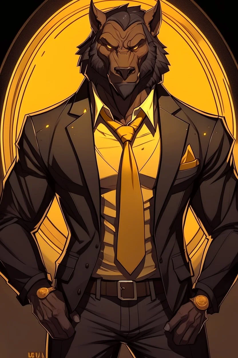 Buff, anthro, wolf, himbo, black fur, gold eyes, wearing a suit, full-body, muscles, strong, muscular, man boobs, bulky, tail, dark fur, smug grin, hands on hips, furry-himbo, broad shoulders, wide hips, big chest, big muscles,