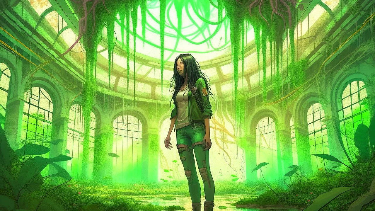 floating alien jellyfish, rampant foliage, and vines, inside a huge vaulted alien building, woman with black hair in a ponytail, in camouflage trousers and jacket, photorealistic, Intricate Detail, sunny day