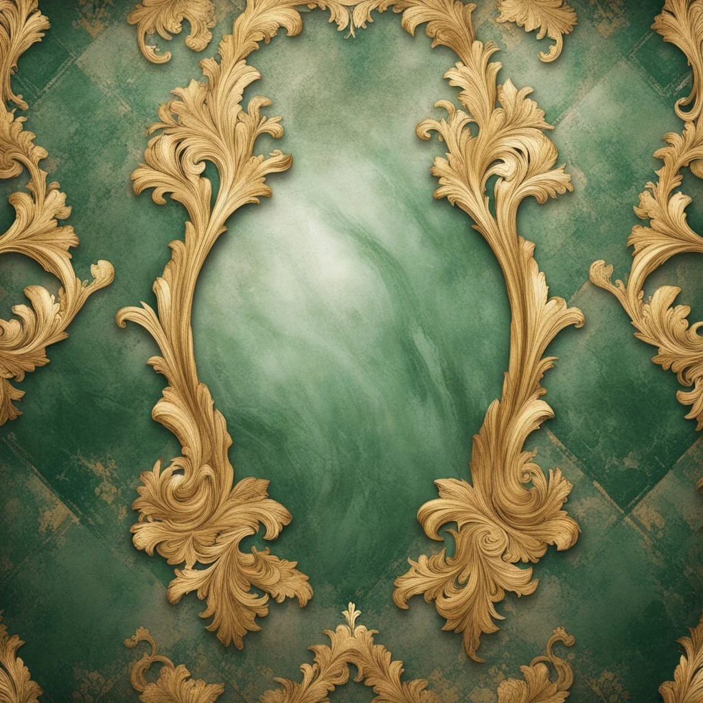 Hyper Realistic golden & green marble & damask texture with rustic background & vignette effect