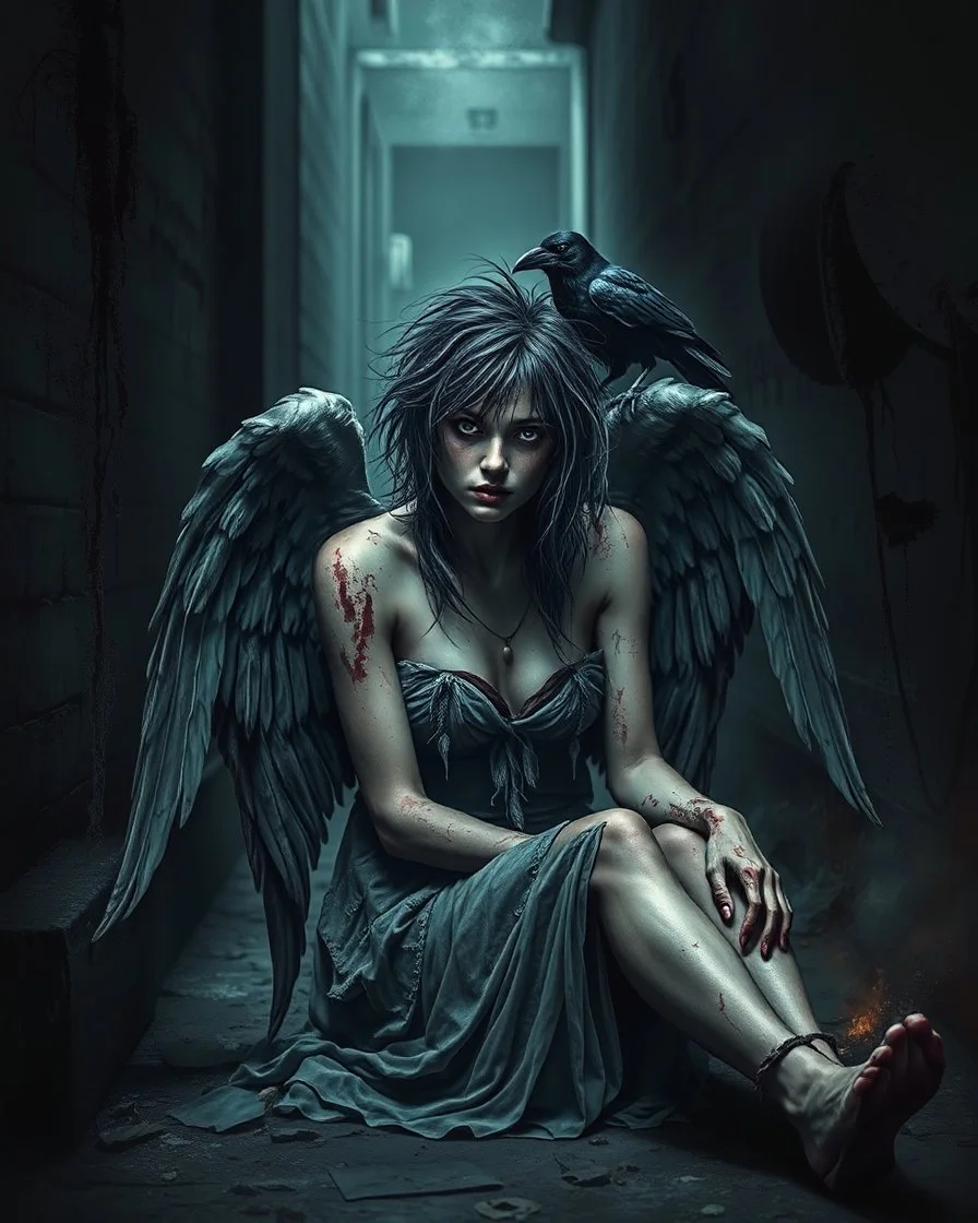 This image shows a fallen angel in a haunting, atmospheric scene. She sits in a dark alleyway, surrounded by subtle shadows and grunge textures, her skin damaged and her wild hair disheveled. A blind crow perches on her shoulder, adding to the eerie mood.