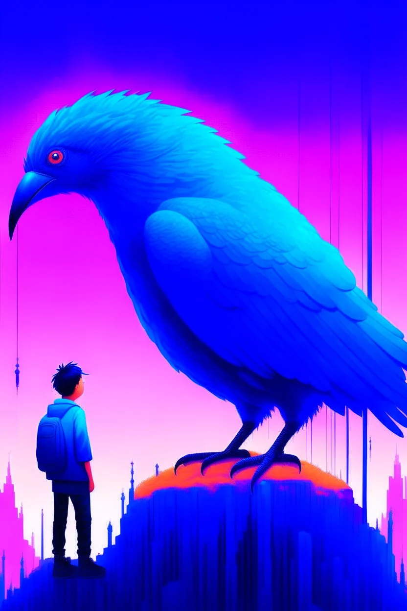 giant blu bird pecking small man in the metaverse style of beeple