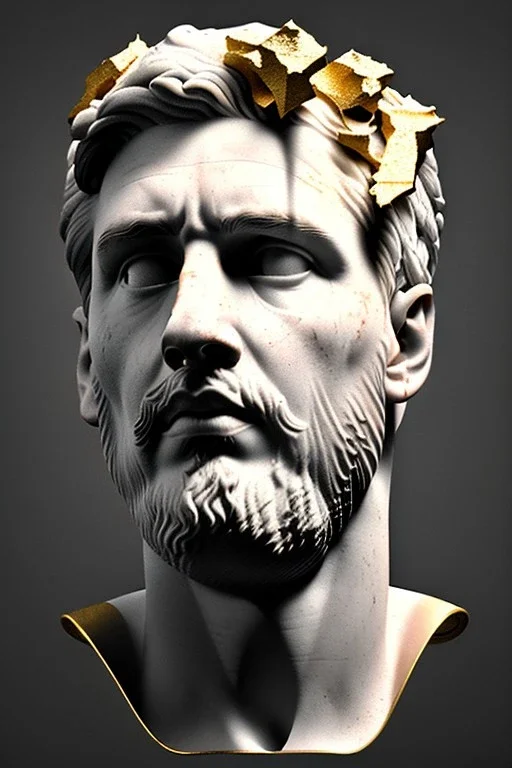 Ultra Realistic image, Roman sculpture bust, clean white marble material, Lionel Messi, gold thorns wreath, renaissance ornaments, one gold star, blue sky background, cinematic lighting, god light, 4k resolution, smooth details, ornate details, soft lighting, unreal engine 5, art station, substance 3d, art concept.