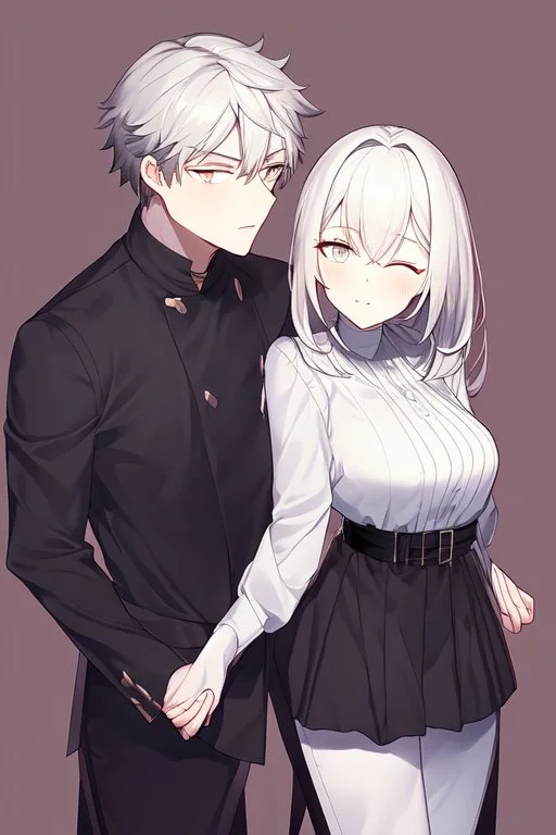 A couple, one wearing black and one wearing white. Clear faces with no distortion. Eyes closed.