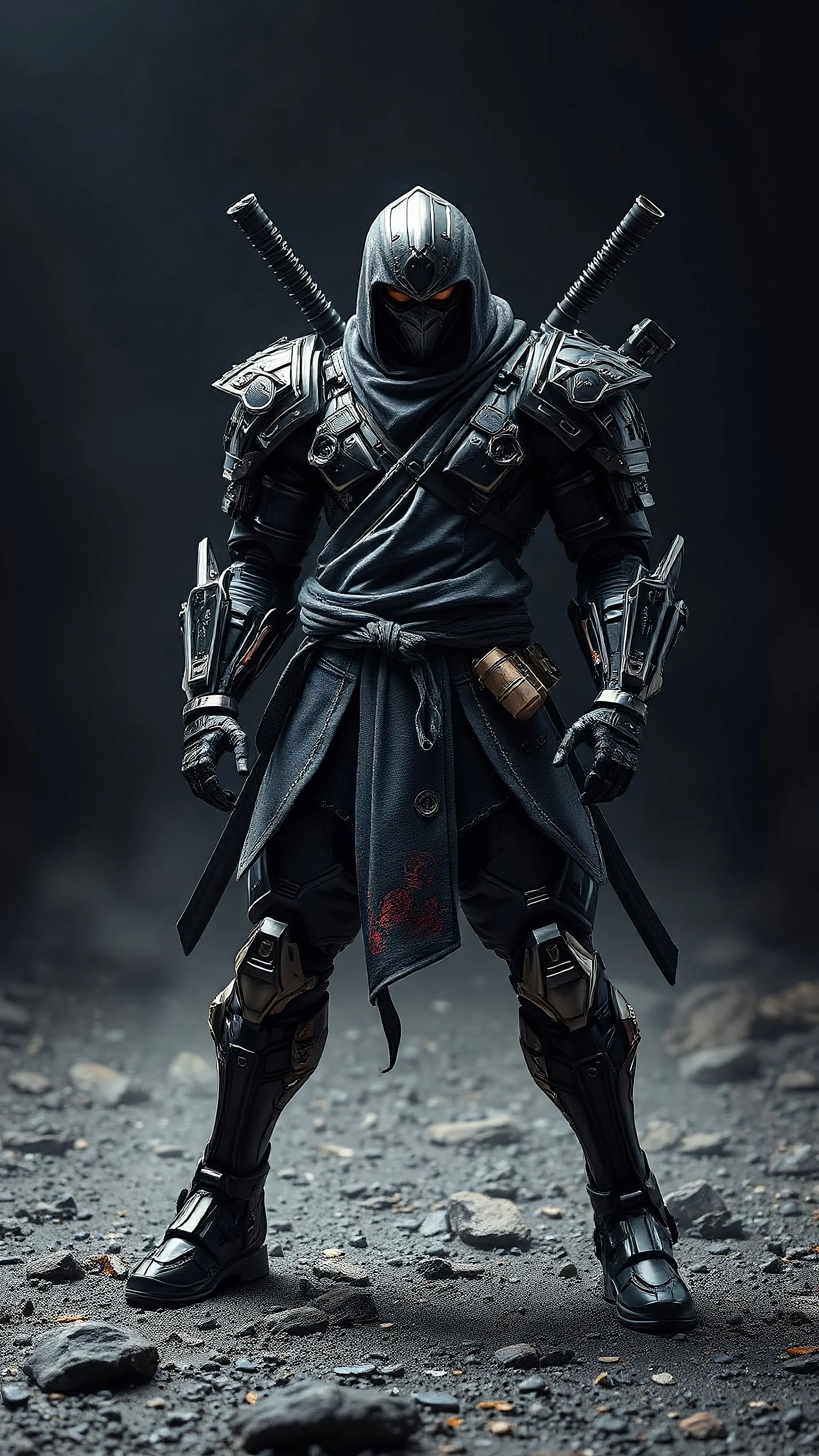 A centering dynamic view action showcasing the fusion of figma and Neumorphic elements, depicting a fully fantasy male black blood mecha-ninja. Its intricate mechanisms are driven by interlocking robes and complex fabrics casual outfit embedded throughout its massive figma frame. Stance on black mechtech battlefields abandone Dojo. no camera