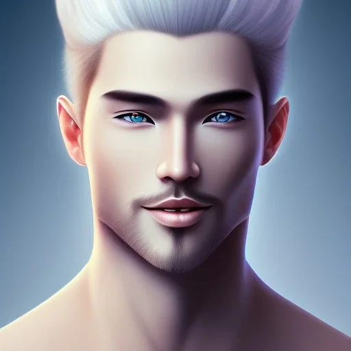 magnifique bel homme asiatique souriant ,yeux bleus,avec vetement et couronne celtique,cheveux blonds, fond bleu clair