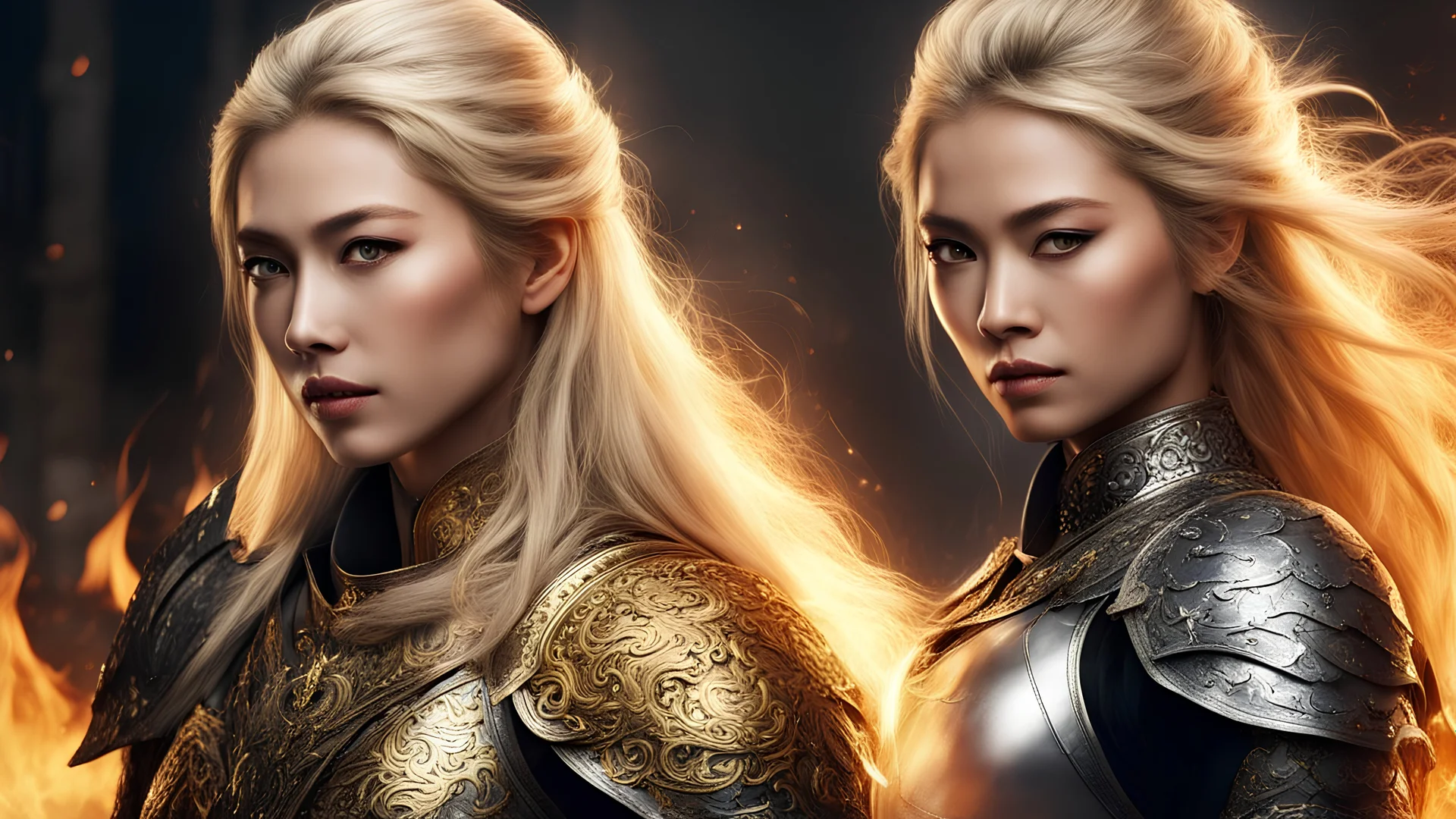 In the middle of the image a sword in flames. Left, a blonde thai woman with dark, determined eyes, armored and exuding nobility and confidence, her golden hair elegantly framing her face. Opposite her stands a DARK HAIR Thai woman, her fierce black eyes equally unwavering. Both adorned in formidable armor, they face each other in a profile stance, poised for an imminent, fierce showdown—two distinct women from different corners of the world, ready for an epic face-to-face battle RAGE