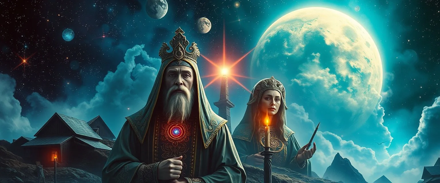portrait of inter-galatic handsome power broker dynasty family , the first nation, witchcraft, cyberpunk village, sci-fi, strange chrome vessels, volume light from stars through clouds, goa trance poster
