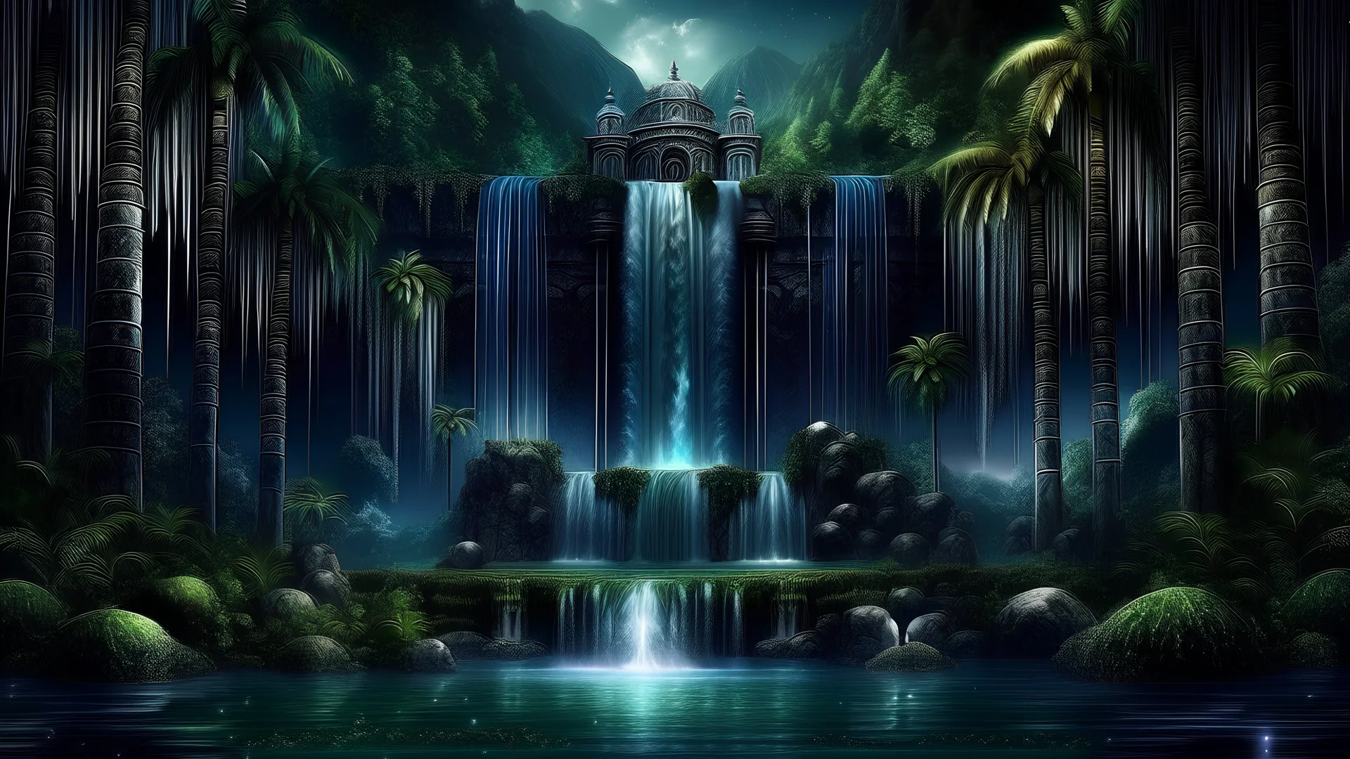 my mind bows my dreams .the waterfall fantasy In my mind bows . the meditation in the midst in the jungle , new style collonades for meditation palace built in the jungle , mountains. space color is dark , where you can see the water and smell the smoke, galaxy, space, ethereal space, cosmos, panorama. Palace , Background: An otherworldly planet, bathed in the cold glow of distant stars.