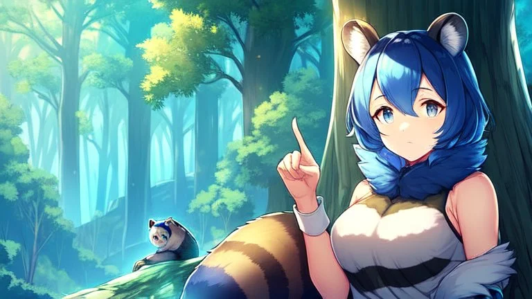 Girl, blue hair, raccoon ears, raccoon tail, raccoon face, forest, sit on tree, fur on hand