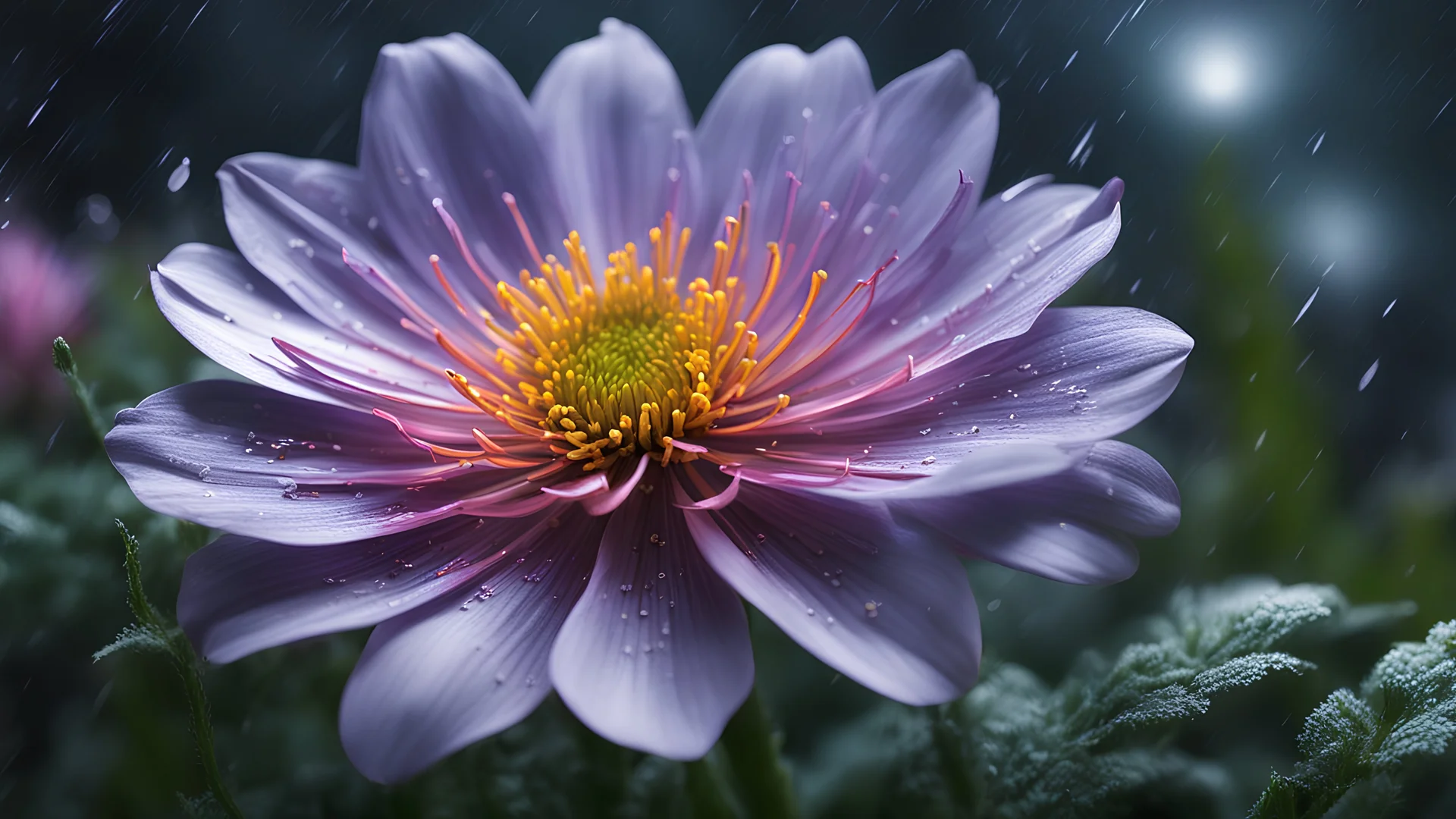 close-up of fragile flower in a storm. in flower forest at night, perfect composition, hyperrealistic, super detailed, 8k, high quality, trending art, trending on artstation, sharp focus, studio photo, intricate details, highly detailed, by greg rutkowski