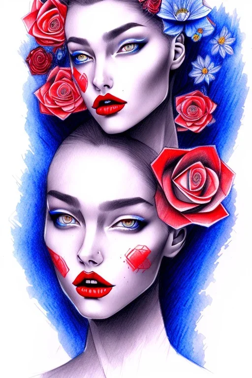 blue Pencil sketch of a woman with red lips and flower in hair on watercolor paper