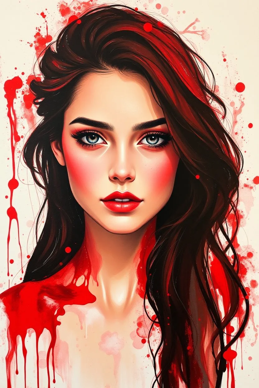 A beautiful young women painted with Liquid abstract red painting,