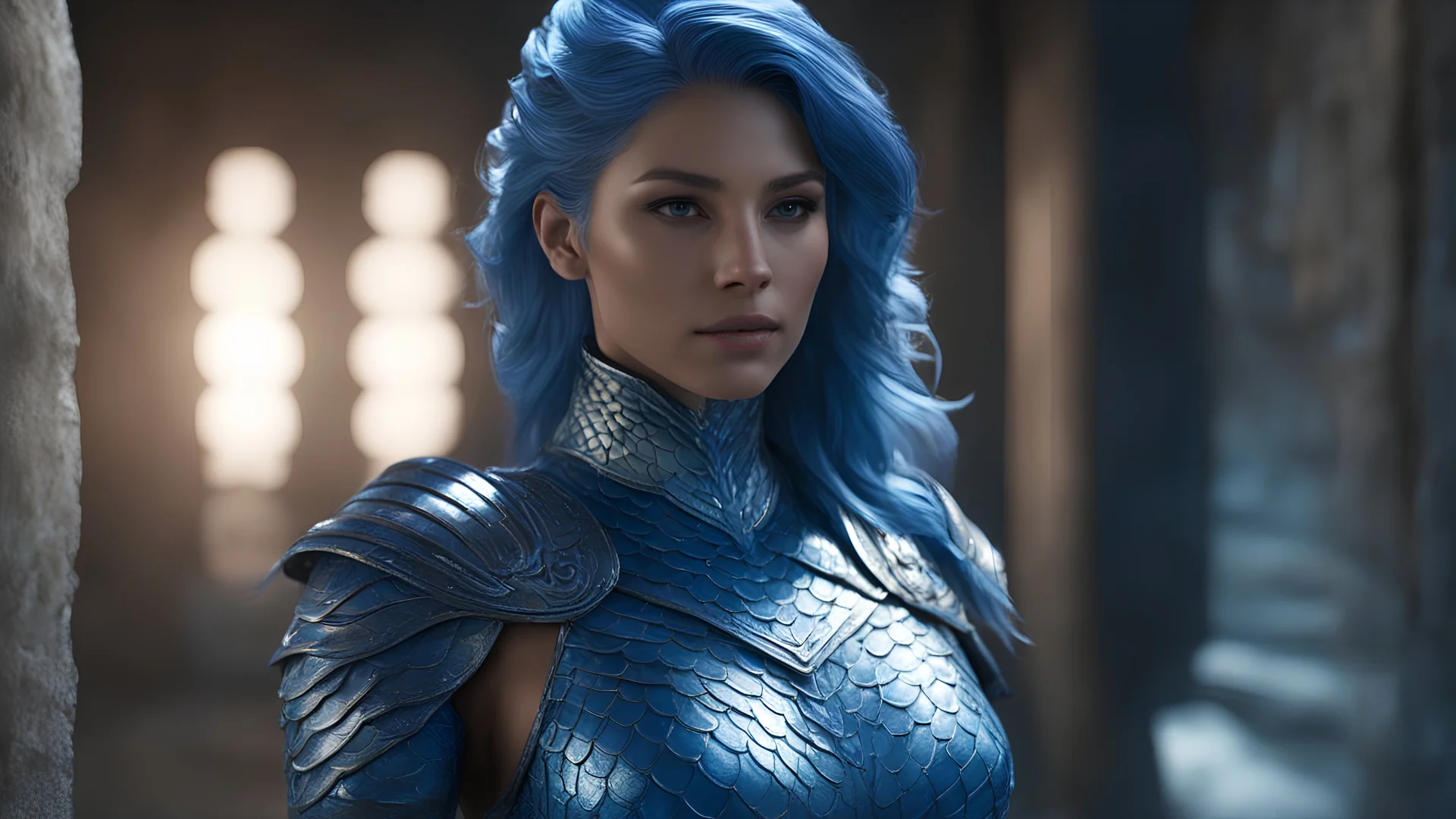 Photoreal gorgeous blue scaled armored skin blue skin blue mermaid blue triton blue scaled skin warrior blue scaled skin blue skin woman with blue scaled skin standing in the shadows of a dusty dark storage room, otherworldly creature, in the style of fantasy movies, photorealistic, bokeh masterpiece smooth shading, ultra detailed, high resolution, cinematic, unreal 6, subtle shadows, octane render, 8k, cinema 4d, HDR, dust effect, vivid color